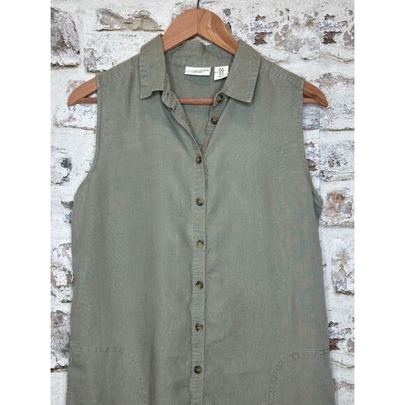 Adrienne Vittadini 100% linen button down sleeveless dress olive green size M - Picture 7 of 11
